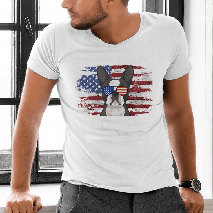 Boston Terrier Dad American Flag 4th Of July Dog Fathers Day Men's V-Neck T-Shirt, Boston Terrier Dad Shirts, American Boston Terrier Shirts, Boston Terrier 4th Of July Shirts, gift for family, gift for coworker