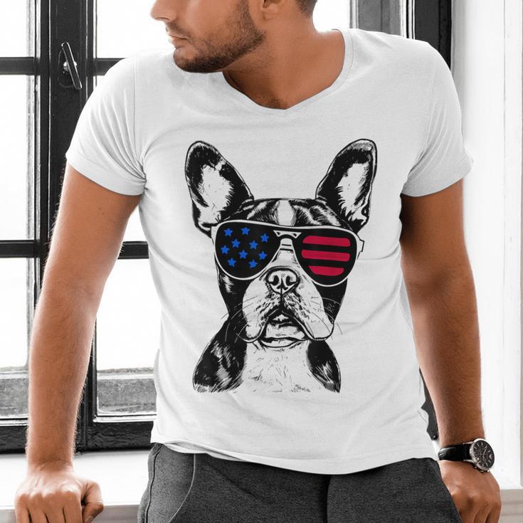 Boston Terrier Dog 4th July America USA Flag Men Women Kids Men's V-Neck T-Shirt, Boston Terrier 4th Of July Shirts, gift for family, gift for coworker
