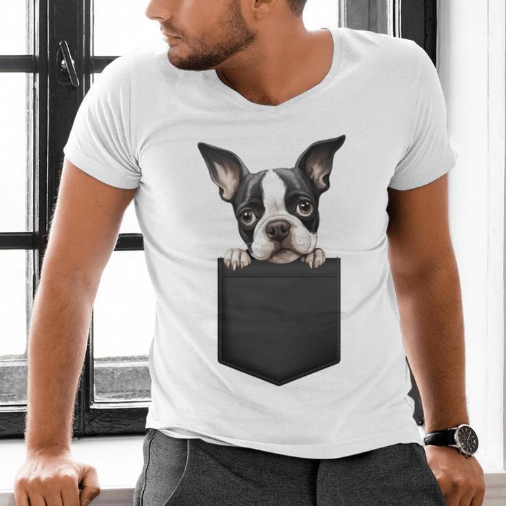 Boston Terrier Dog Puppy Dog In Pocket Cute Pet Lover Men's V-Neck T-Shirt, gift for family, gift for coworker