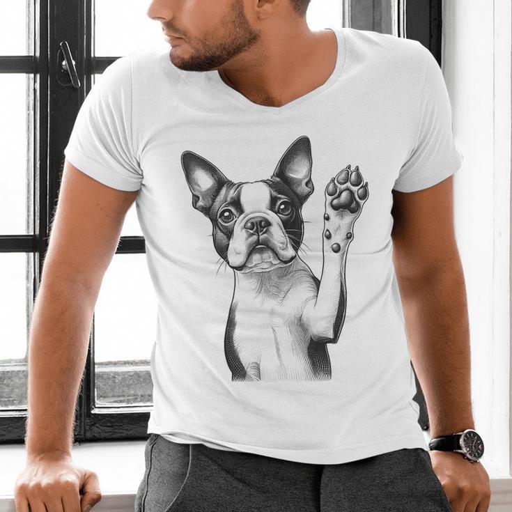 Boston Terrier Dog Raising Paw Idea Men Women Men's V-Neck T-Shirt, gift for family, gift for coworker