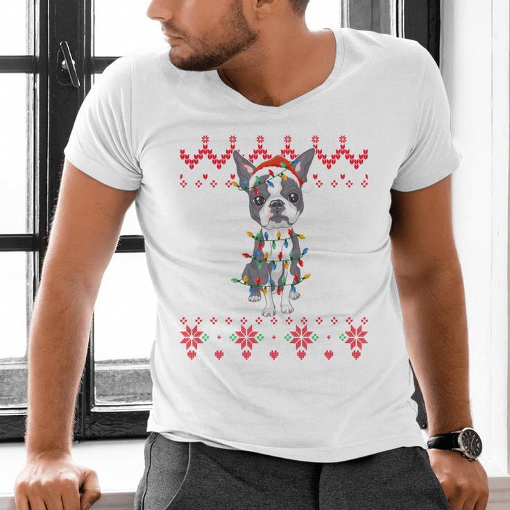 Boston Terrier Dog Santa Hat Men Kids Ugly Christmas Light Men's V-Neck T-Shirt, Boston Terrier Christmas Shirts, gift for family, gift for coworker