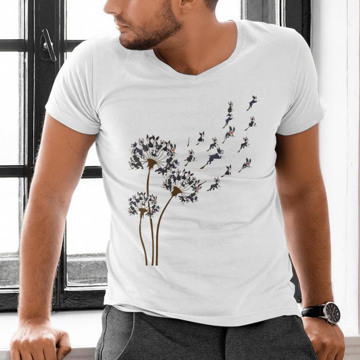 Boston Terrier Flower Fly Dandelion Dog Lover Dog Dad Men's V-Neck T-Shirt, Boston Terrier Dad Shirts, gift for family, gift for coworker