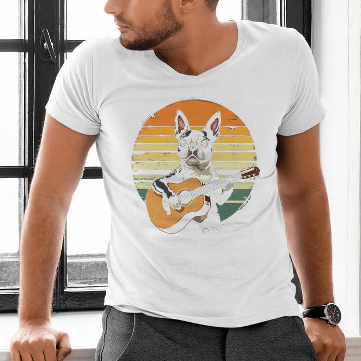 Boston Terrier Guitar Retro Men's V-Neck T-Shirt, gift for family, gift for coworker
