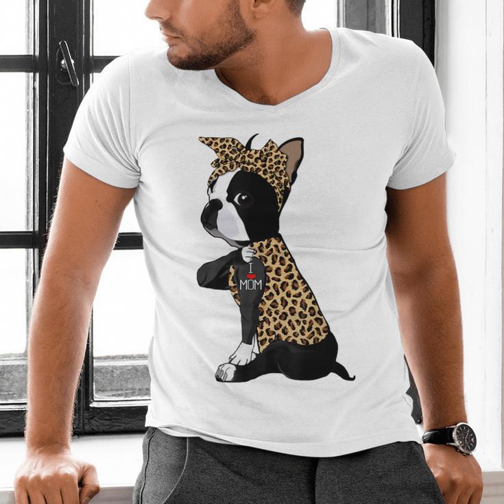 Boston Terrier Lover I Love Mom Tattoo Leopard Men's V-Neck T-Shirt, Boston Terrier Mom Shirts, gift for family, gift for coworker