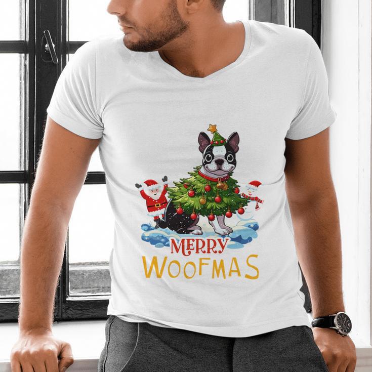 Boston Terrier Merry Christmas Tree Lights Dog X-Mas Dogs Men's V-Neck T-Shirt, Boston Terrier Christmas Shirts, gift for family, gift for coworker