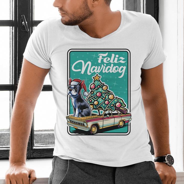 Boston Terrier Merry Christmas Tree Truck Dog X-Mas Men's V-Neck T-Shirt, Boston Terrier Christmas Shirts, gift for family, gift for coworker