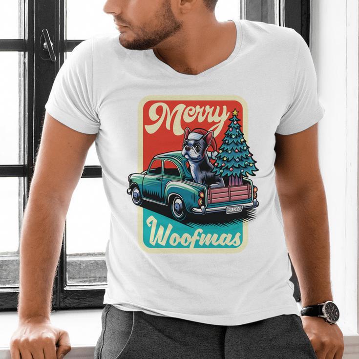 Boston Terrier Merry Christmas Tree Truck Santa Dog X-Mas Men's V-Neck T-Shirt, Boston Terrier Christmas Shirts, gift for family, gift for coworker