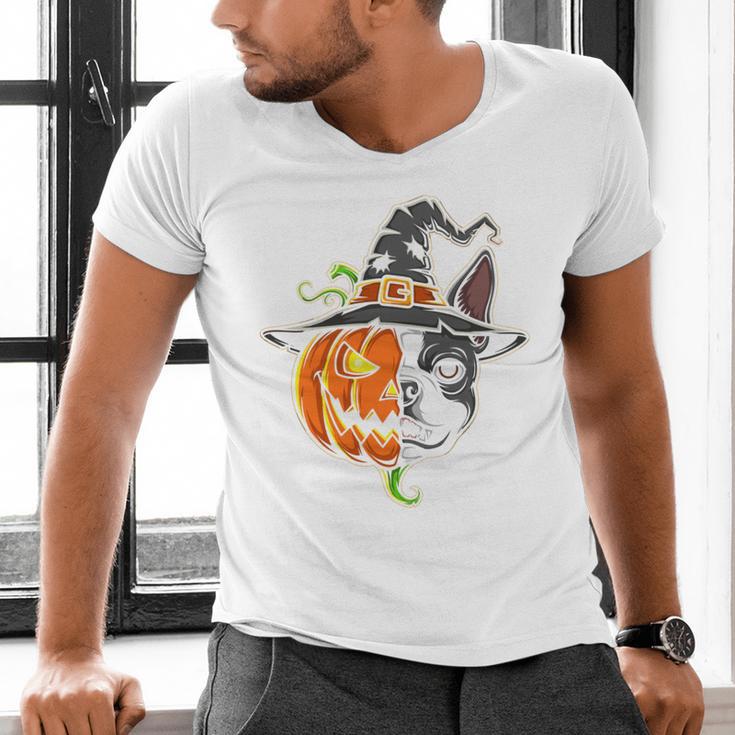Boston Terrier Pumpkin Jack O Lantern Halloween Men's V-Neck T-Shirt, Boston Terrier Halloween Shirts, gift for family, gift for coworker