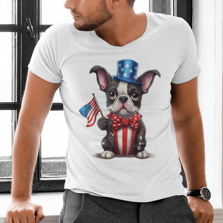 Boston Terrier Puppy Dog Holds His American Flag 4th Of July Men's V-Neck T-Shirt, American Boston Terrier Shirts, Boston Terrier 4th Of July Shirts, gift for family, gift for coworker