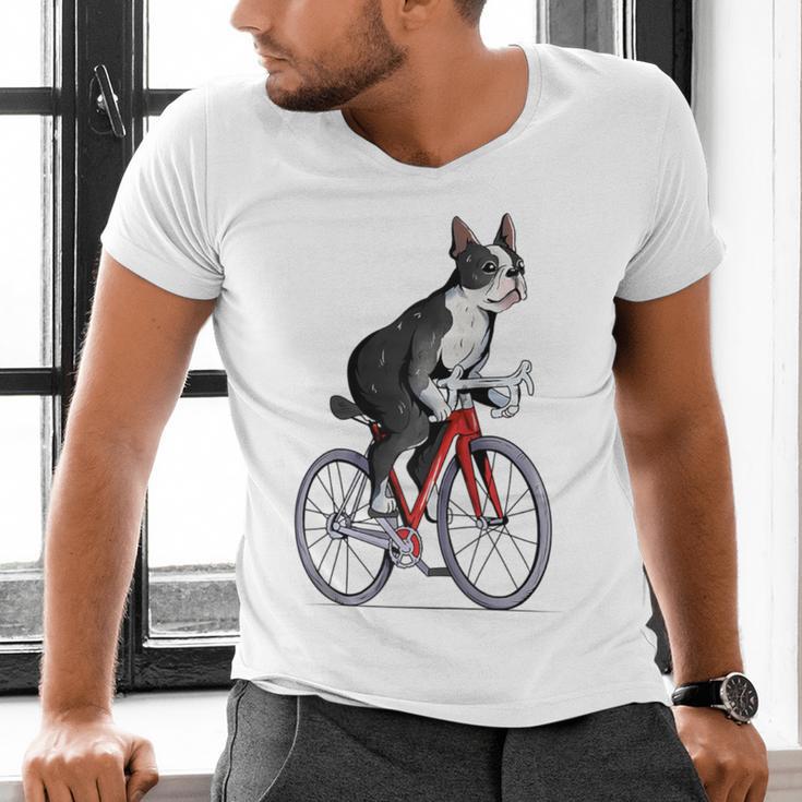 Boston Terrier Riding Bicycle Cute Bostie Biker Raglan Baseball Tee Men's V-Neck T-Shirt, Boston Terrier Riding Shirts, gift for family, gift for coworker