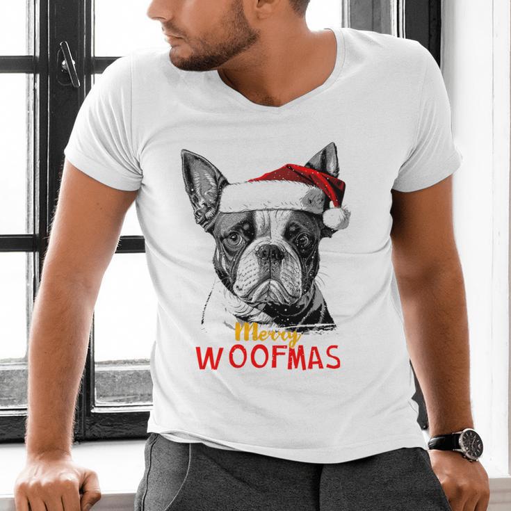 Boston Terrier Santa Claus Hat Merry Christmas Dog X-Mas Men's V-Neck T-Shirt, Boston Terrier Christmas Shirts, gift for family, gift for coworker