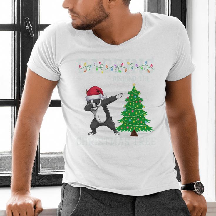 Boston Terrier Santa Hat Dabbing Around The Christmas Tree Men's V-Neck T-Shirt, Boston Terrier Christmas Shirts, gift for family, gift for coworker