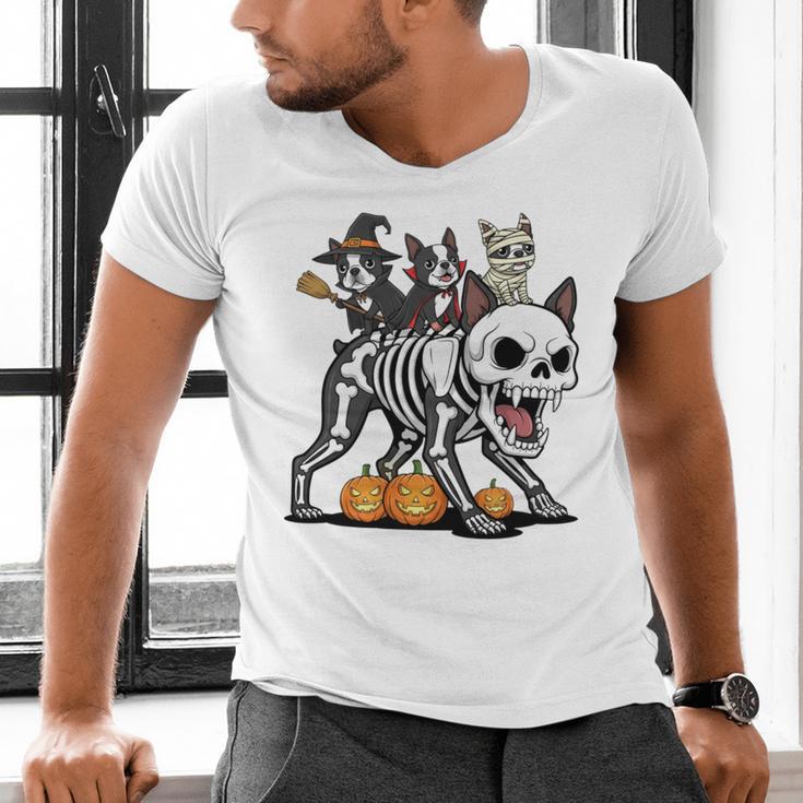 Boston Terrier Skeleton Mummy Witch Halloween Men's V-Neck T-Shirt, Boston Terrier Halloween Shirts, gift for family, gift for coworker