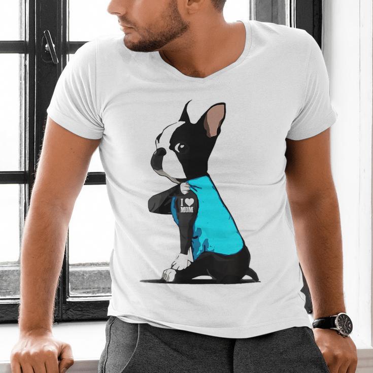 Boston Terrier Tattoos I Love Mom Men's V-Neck T-Shirt, Boston Terrier Mom Shirts, gift for family, gift for coworker