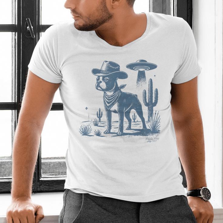 Boston Terrier UFO Cowboy Dog Dog Mom Dog Dad Alien Dog Men's V-Neck T-Shirt, Boston Terrier Dad Shirts, Boston Terrier Mom Shirts, gift for family, gift for coworker