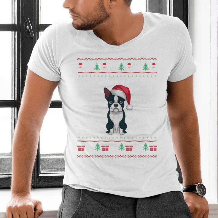 Boston Terrier Wearing Santa Hat Ugly Xmas Dog Lovers Men's V-Neck T-Shirt, gift for family, gift for coworker