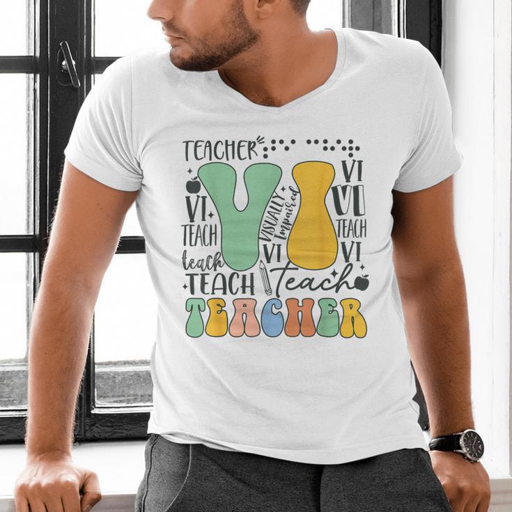 Braille Teacher Of The Visually Impaired Groovy VI Teacher Men's V-Neck T-Shirt, Groovy Teacher Shirts, gift for family, gift for coworker