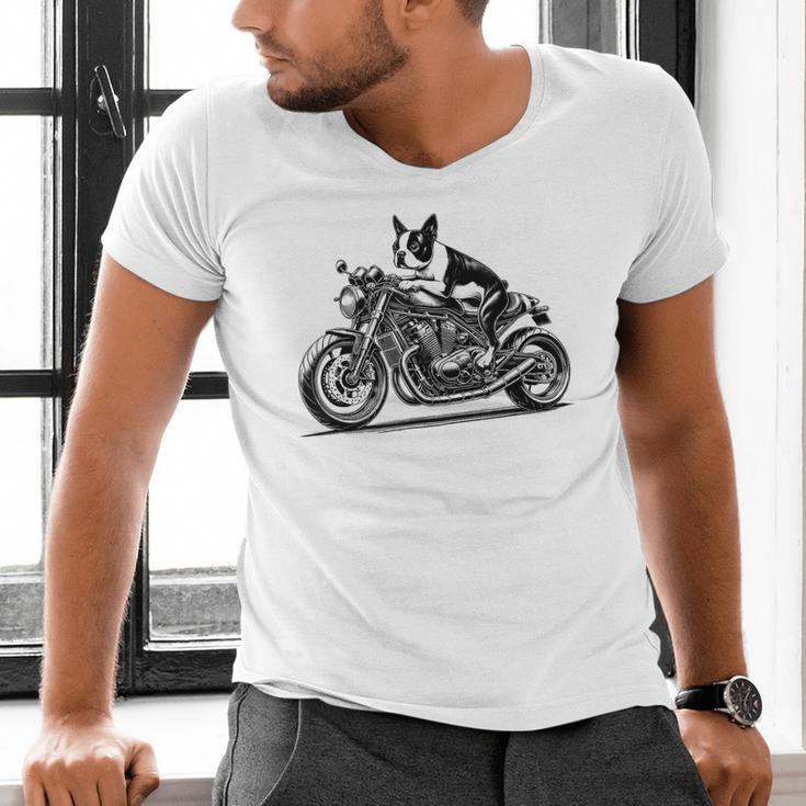 Cool Boston Terrier Riding a Motorcycle Biker Dog Lover For Men Women Kids Men's V-Neck T-Shirt, Boston Terrier Riding Shirts, gift for family, gift for coworker