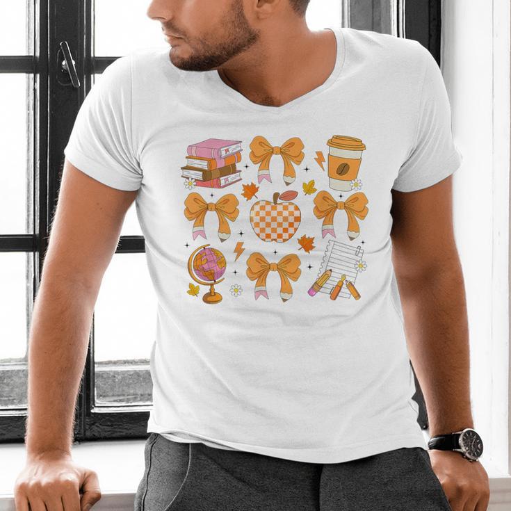 Coquette Bow Teacher Thanksgiving Fall Autumn Girls Women Men's V-Neck T-Shirt, gift for family, gift for coworker Coquette Bow Teacher Thanksgiving Fall Autumn Girls Women Men's V-Neck T-Shirt, gift for family, gift for coworker