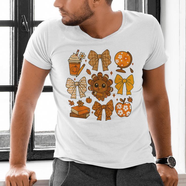 Coquette Teach Teacher Bows Thanksgiving Turkey Fall Autumn Men's V-Neck T-Shirt, gift for family, gift for coworker