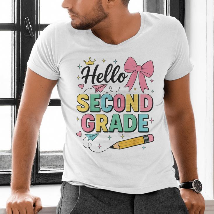 Cute Hello Second Grade Back To School Coquette Teacher Girl Men's V-Neck T-Shirt, gift for family, gift for coworker Cute Hello Second Grade Back To School Coquette Teacher Girl Men's V-Neck T-Shirt, gift for family, gift for coworker