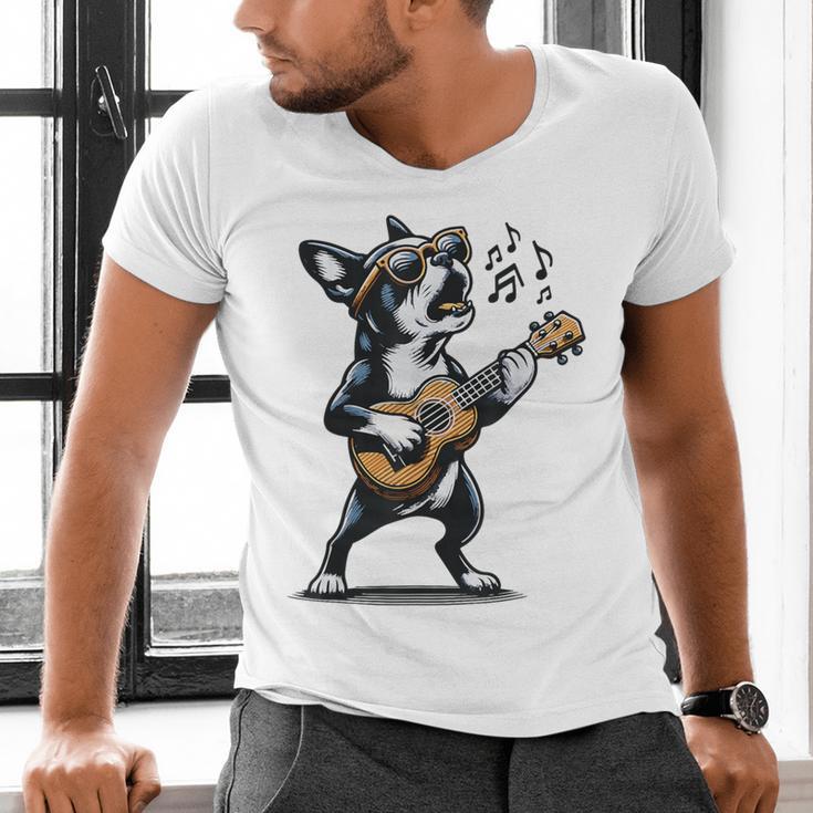 Dog Playing Guitar Singing Boston Terrier For Men Women Girls Kids Men's V-Neck T-Shirt, gift for family, gift for coworker