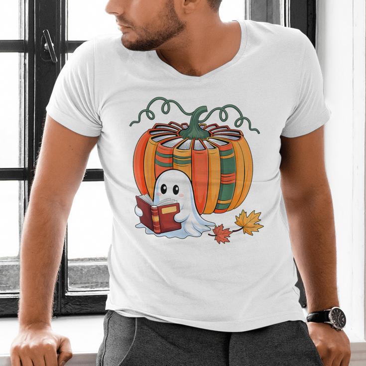 Fall Book Pumpkin Books Ghost Reading Halloween Teacher Men's V-Neck T-Shirt, gift for family, gift for coworker Fall Book Pumpkin Books Ghost Reading Halloween Teacher Men's V-Neck T-Shirt, gift for family, gift for coworker