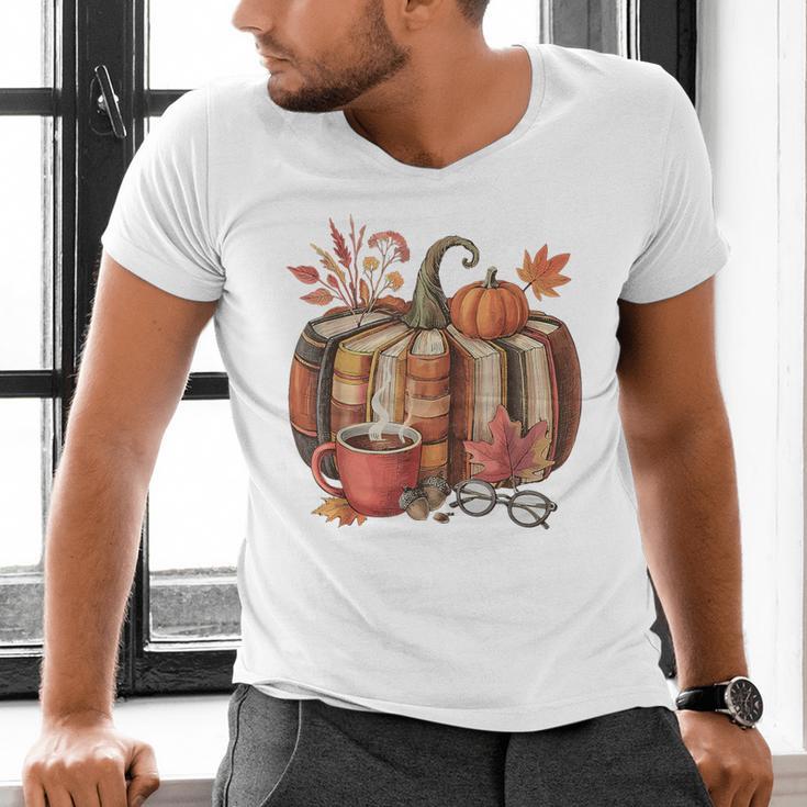 Fall Book Pumpkin Retro Reading Halloween Teacher Men's V-Neck T-Shirt, gift for family, gift for coworker