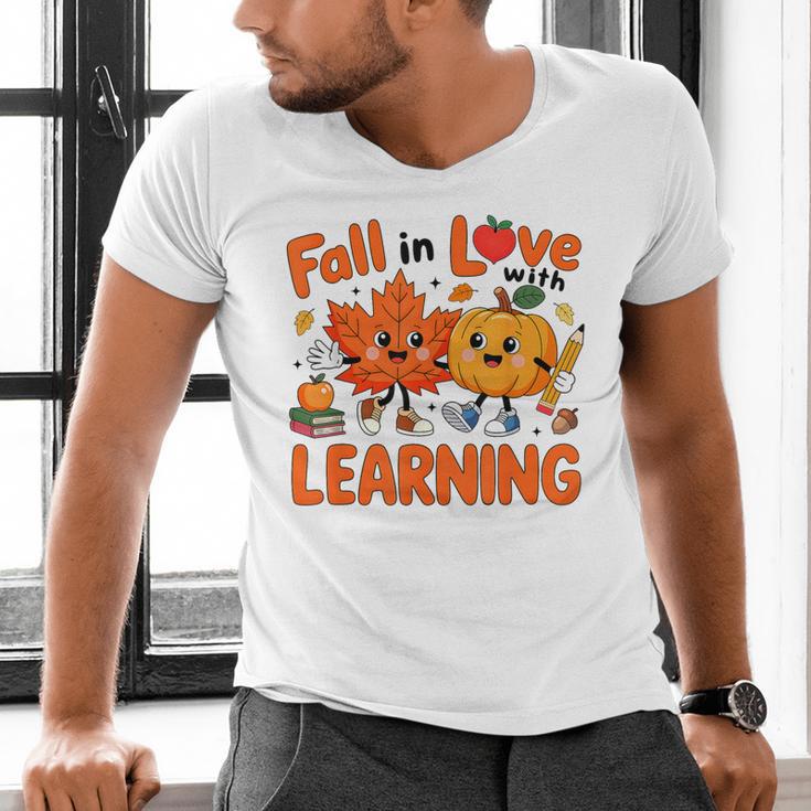 Fall In Love With Learning Thanksgiving Teacher Student Kids Men's V-Neck T-Shirt, gift for family, gift for coworker