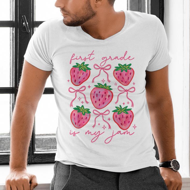 First Grade Is My Jam Strawberry First Grade Teacher Women Men's V-Neck T-Shirt, First Grade Teacher Shirts, gift for family, gift for coworker First Grade Is My Jam Strawberry First Grade Teacher Women Men's V-Neck T-Shirt, First Grade Teacher Shirts, gift for family, gift for coworker