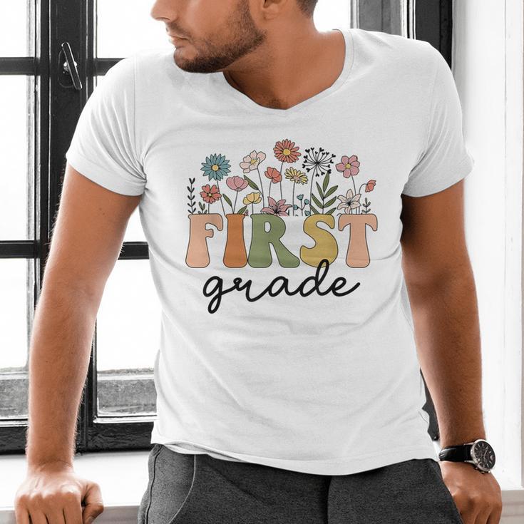 First Grade Teacher Wildflower Back To School Floral Outfits Men's V-Neck T-Shirt, First Grade Teacher Shirts, gift for family, gift for coworker First Grade Teacher Wildflower Back To School Floral Outfits Men's V-Neck T-Shirt, First Grade Teacher Shirts, gift for family, gift for coworker