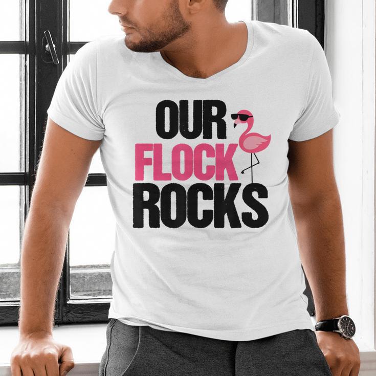 Our Flock Rocks Flamingo Mother's Day Teacher Men's V-Neck T-Shirt, gift for family, gift for coworker