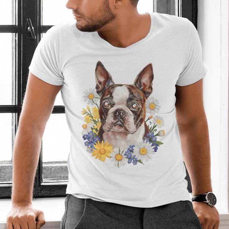 Floral Boston Terrier Men's V-Neck T-Shirt, gift for family, gift for coworker