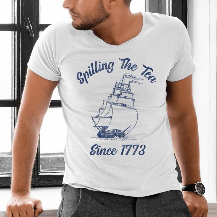 Fun 4th Of July Spilling The Tea Since 1773 History Teacher Men's V-Neck T-Shirt, History Teacher Shirts, gift for family, gift for coworker