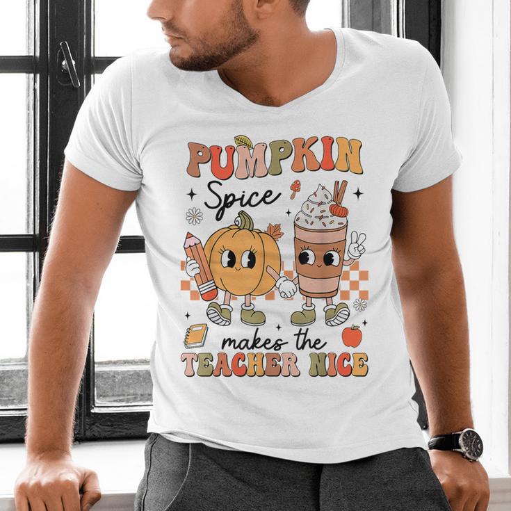 Groovy Pumpkin Spice Makes Teacher Nice Fall Thanksgiving Men's V-Neck T-Shirt, Groovy Teacher Shirts, gift for family, gift for coworker Groovy Pumpkin Spice Makes Teacher Nice Fall Thanksgiving Men's V-Neck T-Shirt, Groovy Teacher Shirts, gift for family, gift for coworker