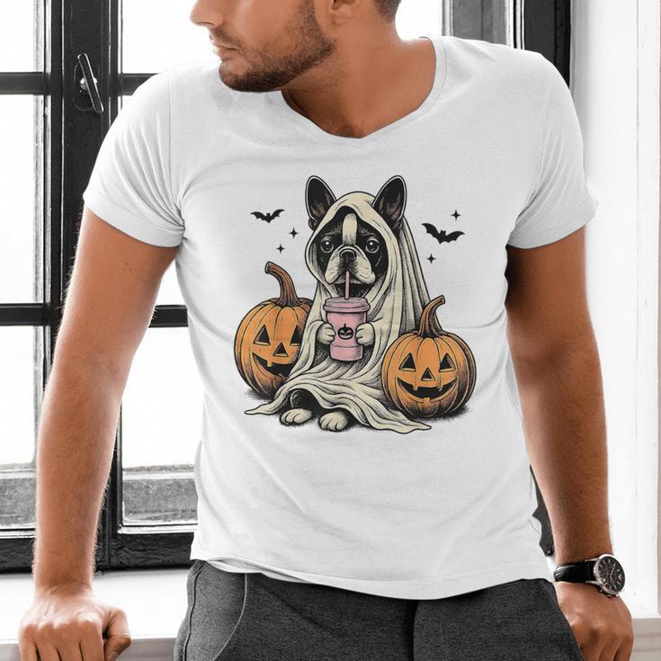 Halloween Boston Terrier Ghost Men's V-Neck T-Shirt, Boston Terrier Halloween Shirts, Boston Terrier Ghost Shirts, gift for family, gift for coworker