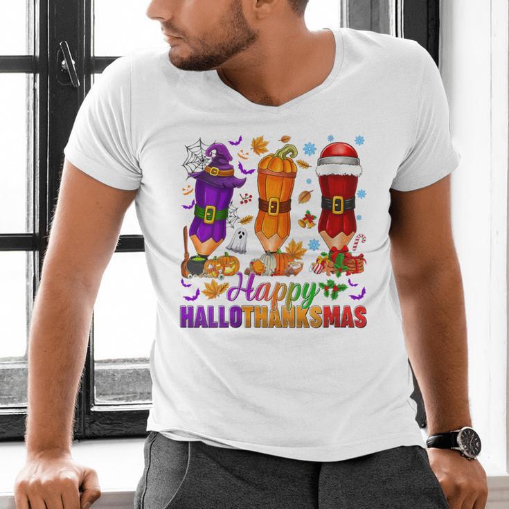 Happy Hallothanksmas Halloween Thanksgiving Pencils Teachers Men's V-Neck T-Shirt, gift for family, gift for coworker Happy Hallothanksmas Halloween Thanksgiving Pencils Teachers Men's V-Neck T-Shirt, gift for family, gift for coworker