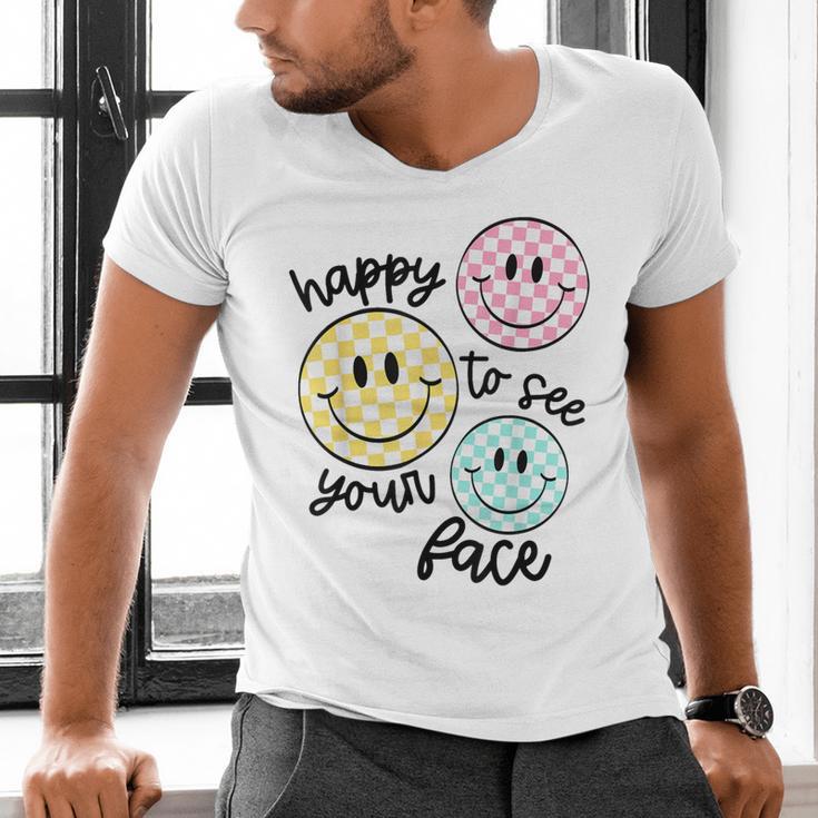 Happy To See Your Face Smile Face Teacher Back To School Men's V-Neck T-Shirt, gift for family, gift for coworker