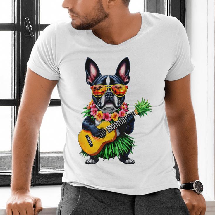 Hawaiian Boston Terrier & Pineapple Ukulele Summer Vacation Men's V-Neck T-Shirt, gift for family, gift for coworker