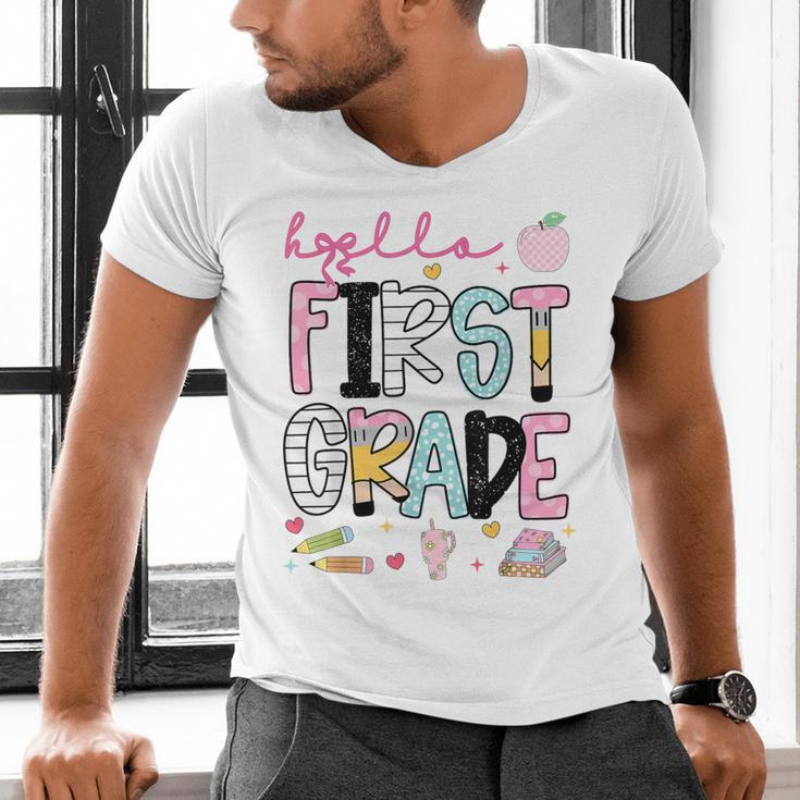 Hello First Grade Teacher Coquette Pencil Bow Back To School Men's V-Neck T-Shirt, First Grade Teacher Shirts, gift for family, gift for coworker