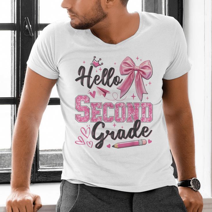 Hello Second Grade First Day Of School Coquette Teacher Girl Men's V-Neck T-Shirt, First Grade Teacher Shirts, gift for family, gift for coworker Hello Second Grade First Day Of School Coquette Teacher Girl Men's V-Neck T-Shirt, First Grade Teacher Shirts, gift for family, gift for coworker
