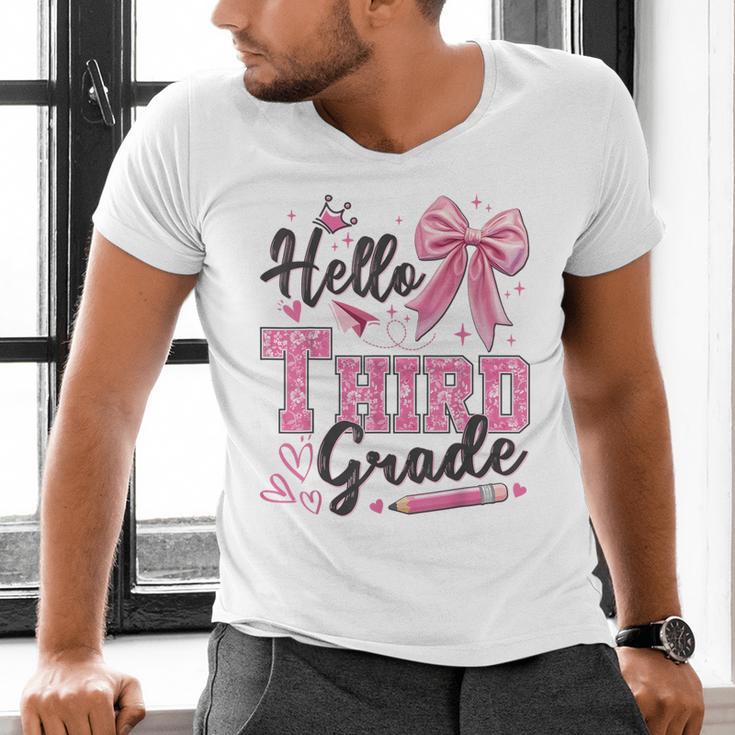 Hello Third Grade First Day Of School Coquette Teacher Girl Men's V-Neck T-Shirt, First Grade Teacher Shirts, gift for family, gift for coworker Hello Third Grade First Day Of School Coquette Teacher Girl Men's V-Neck T-Shirt, First Grade Teacher Shirts, gift for family, gift for coworker