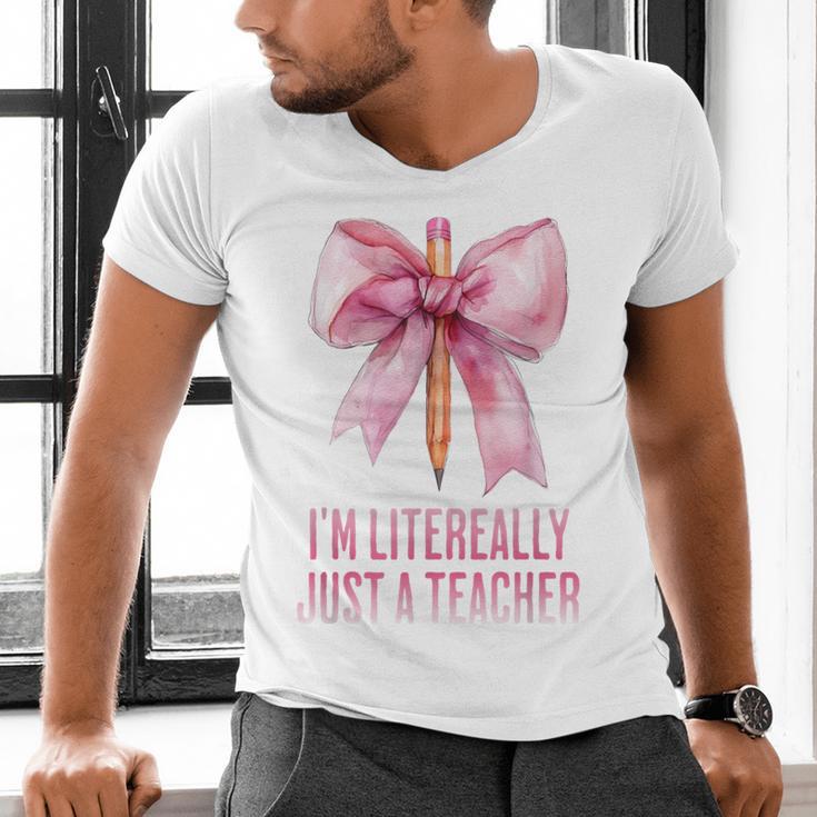 I'm Literally Just a Teacher Pencil Coquette Bow School Men's V-Neck T-Shirt, gift for family, gift for coworker I'm Literally Just a Teacher Pencil Coquette Bow School Men's V-Neck T-Shirt, gift for family, gift for coworker