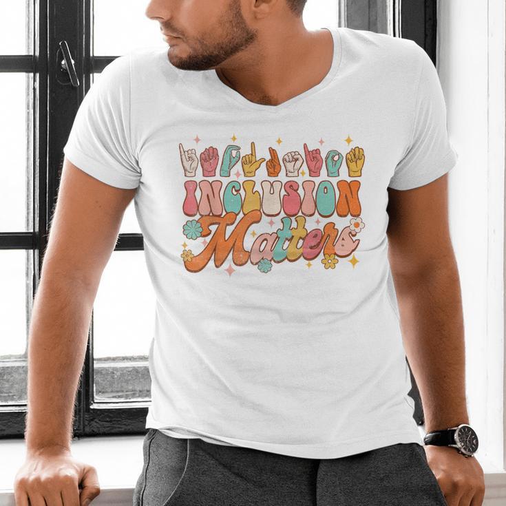 Inclusion Matters Groovy American Sign Language ASL Teacher For Men Women Men's V-Neck T-Shirt, Groovy Teacher Shirts, gift for family, gift for coworker Inclusion Matters Groovy American Sign Language ASL Teacher For Men Women Men's V-Neck T-Shirt, Groovy Teacher Shirts, gift for family, gift for coworker