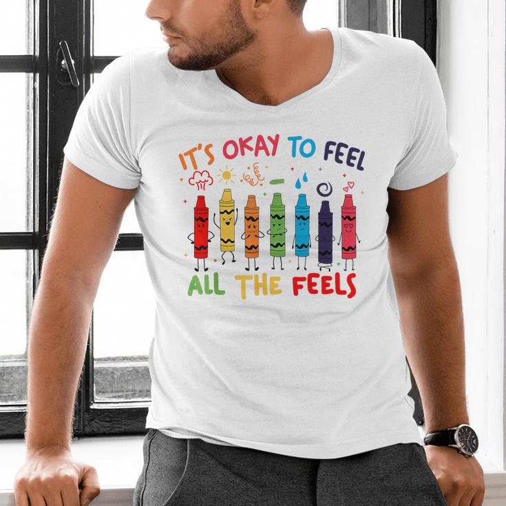 Its Okay To Feel All The Feels Mood Color Crayons Teacher Men's V-Neck T-Shirt, gift for family, gift for coworker Its Okay To Feel All The Feels Mood Color Crayons Teacher Men's V-Neck T-Shirt, gift for family, gift for coworker