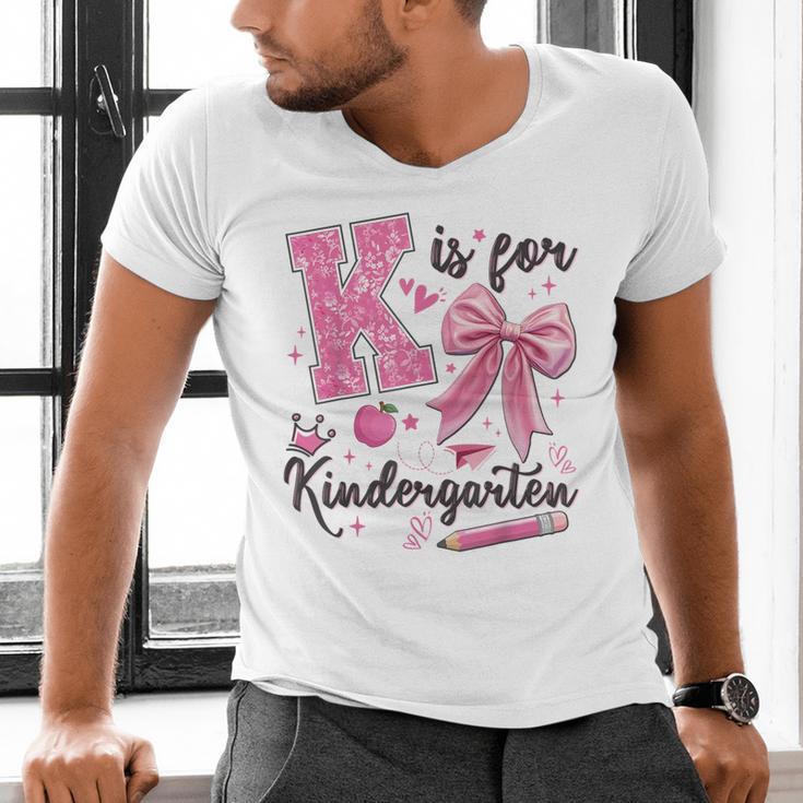 K Is For Kindergarten Teacher Coquette Bow Back To School Men's V-Neck T-Shirt, gift for family, gift for coworker K Is For Kindergarten Teacher Coquette Bow Back To School Men's V-Neck T-Shirt, gift for family, gift for coworker