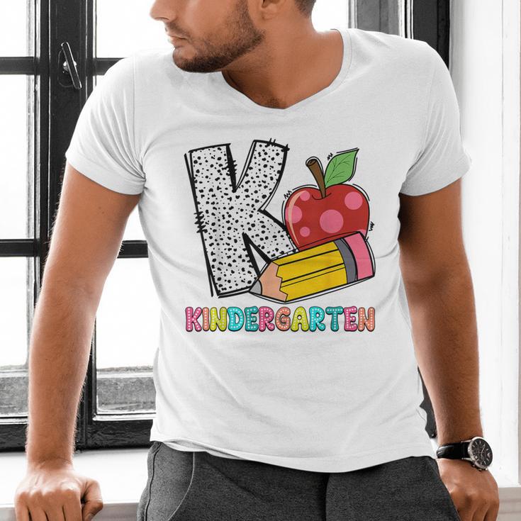 K Is For Kindergarten Teacher Pencil Apple Back To School Men's V-Neck T-Shirt, gift for family, gift for coworker K Is For Kindergarten Teacher Pencil Apple Back To School Men's V-Neck T-Shirt, gift for family, gift for coworker