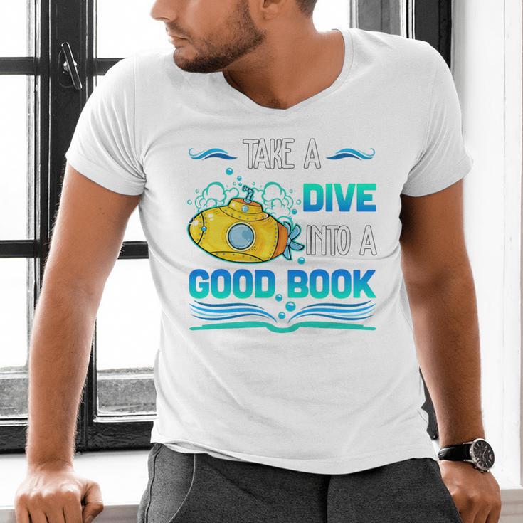 Librarian Teacher Dive Into A Good Book Reading Premium Tri-Blend Men's V-Neck T-Shirt, gift for family, gift for coworker