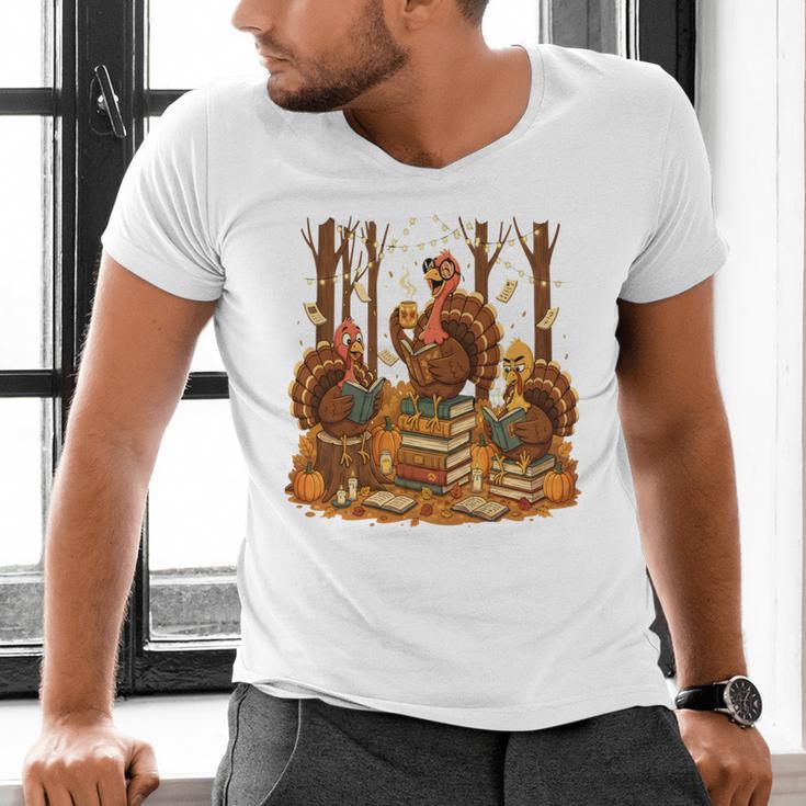 Librarian Turkey Reading Book Fall Thanksgiving Teacher Book Men's V-Neck T-Shirt, gift for family, gift for coworker Librarian Turkey Reading Book Fall Thanksgiving Teacher Book Men's V-Neck T-Shirt, gift for family, gift for coworker
