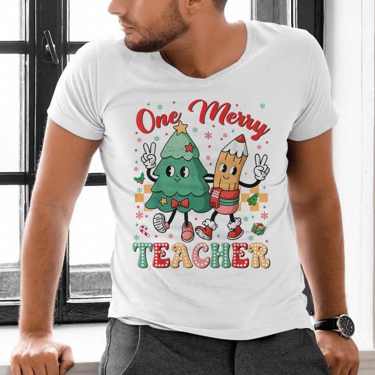 One Merry Teacher Groovy Christmas Tree Pjs Xmas Teacher Men's V-Neck T-Shirt, Groovy Teacher Shirts, gift for family, gift for coworker One Merry Teacher Groovy Christmas Tree Pjs Xmas Teacher Men's V-Neck T-Shirt, Groovy Teacher Shirts, gift for family, gift for coworker